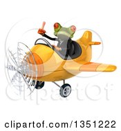Clipart Of A 3d Green Business Springer Frog Aviator Pilot Giving A Thumb Up And Flying A Yellow Airplane To The Left Royalty Free Illustration