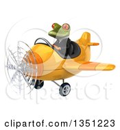 Clipart Of A 3d Green Business Springer Frog Aviator Pilot Flying A Yellow Airplane To The Left Royalty Free Illustration