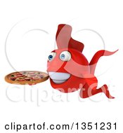 Clipart Of A 3d Red Fish Facing Left And Holding A Pizza Royalty Free Illustration