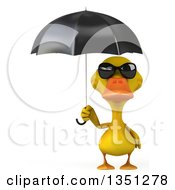 Clipart Of A 3d Yellow Duck Wearing Sunglasses And Holding An Umbrella Royalty Free Illustration