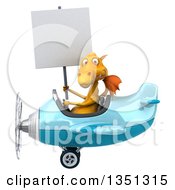 Clipart Of A 3d Yellow Dragon Aviator Pilot Holding A Blank Sign And Flying A Blue Airplane To The Left Royalty Free Illustration