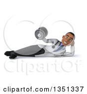Clipart Of A 3d Young Black Male Physical Therapist Doctor Resting On His Side And Doing Bicep Curls With A Dumbbell Royalty Free Illustration