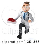 Clipart Of A 3d Young Brunette White Male Nutritionist Doctor Holding A Beef Steak And Sprinting Royalty Free Illustration by Julos