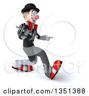 Clipart Of A 3d White And Black Clown Speed Walking And Pointing To The Right With A Dumbbell Royalty Free Illustration