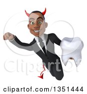 Clipart Of A 3d Young Black Devil Businessman Holding A Tooth And Flying Royalty Free Illustration by Julos