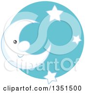 Happy Crescent Moon With Stars Over A Blue Circle