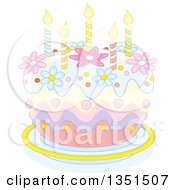 Pastel Birthday Cake With Candles And Flowers