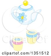 Clipart Of A Pastel Blue Floral Tea Pot And Cups Royalty Free Vector Illustration