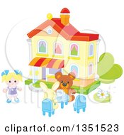 Poster, Art Print Of Doll Teddy Bear And Rabbit Having A Tea Party At A Toy House