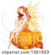 Clipart Of A Beautiful Female Autumn Fairy Sitting On A Pumpkin Over Autumn Leaves Royalty Free Vector Illustration