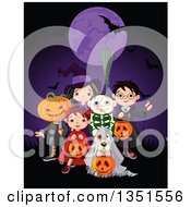 Group Of Kids In Jack Witch Wizard Skeleton And Devil Costumes And A Dog As A Ghost Trick Or Treating On Halloween Under A Purple Full Moon With A Bat