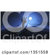 Poster, Art Print Of 3d Zombie Hand Rising From A Grave Against Bare Branches And A Full Moon