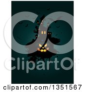 Clipart Of A Haunted Castle On Grunge With A Glowing Halloween Jackolantern Pumpkin And Flying Bats On Teal Royalty Free Vector Illustration by KJ Pargeter