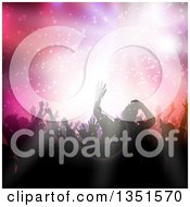 Clipart Of A Silhouetted Crowd Of Dancers Over A Light Burst Stars And Flares Royalty Free Vector Illustration