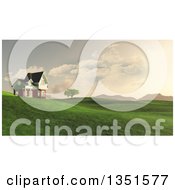 Poster, Art Print Of 3d Rural House On Green Hills With A View Of Mountains