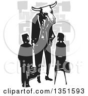 Rear View Of A Black And White Woodcut Business Man And Woman Speaking With A Bull Minotaur Boss Over Gray Designs