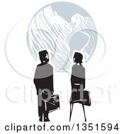 Poster, Art Print Of Rear View Of A Woodcut Business Man And Woman Looking At Earth