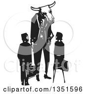 Poster, Art Print Of Rear View Of A Black And White Woodcut Business Man And Woman And A Bull Minotaur Boss