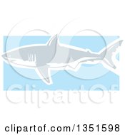 Poster, Art Print Of Blue Gray And White Woodcut Swimming Great White Shark