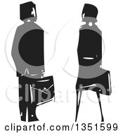Rear View Of A Black And White Woodcut Business Man And Woman