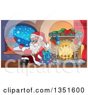 Poster, Art Print Of Cartoon Christmas Santa Claus Waving And Sitting With A Gift By A Fireplace