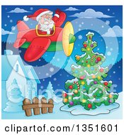 Poster, Art Print Of Cartoon Christmas Santa Claus Waving And Flying An Airplane Over Houses And An Outdoor Christmas Tree At Night