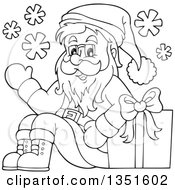 Poster, Art Print Of Cartoon Black And White Christmas Santa Claus Waving And Sitting With A Gift