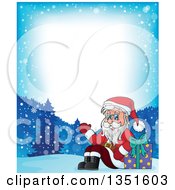 Poster, Art Print Of Cartoon Border Of A Christmas Santa Claus Waving And Sitting With A Gift In The Snow