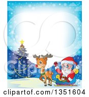 Poster, Art Print Of Cartoon Christmas Border Of Santa Claus And Rudolph The Red Nosed Reindeer By An Outdoor Christmas Tree