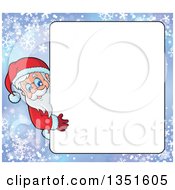 Poster, Art Print Of Cartoon Christmas Santa Claus Looking Around A Blank Sign Over Snowflakes