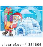 Cartoon Christmas Santa Claus Carrying Gifts By An Igloo