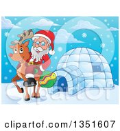 Cartoon Christmas Santa Claus Riding Rudolph The Red Nosed Reindeer By An Igloo