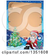 Clipart Of A Cartoon Christmas Santa Claus Waving And Sitting With A Gift By A Christmas Tree In The Snow Against A Parchment Scroll Royalty Free Vector Illustration