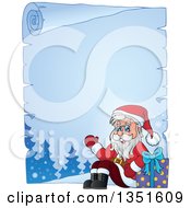 Poster, Art Print Of Cartoon Frozen Parchment Scroll Border Of A Christmas Santa Claus Waving And Sitting With A Gift