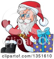Poster, Art Print Of Cartoon Christmas Santa Claus Waving And Sitting With A Gift