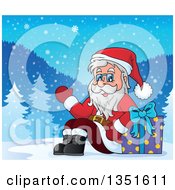 Poster, Art Print Of Cartoon Christmas Santa Claus Waving And Sitting With A Gift In The Snow