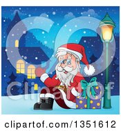 Poster, Art Print Of Cartoon Christmas Santa Claus Waving And Sitting With A Gift In A Village At Night