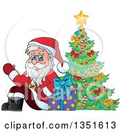 Poster, Art Print Of Cartoon Christmas Santa Claus Waving And Sitting With A Gift By A Christmas Tree