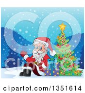 Poster, Art Print Of Cartoon Christmas Santa Claus Waving And Sitting With A Gift By An Outdoor Christmas Tree