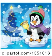 Poster, Art Print Of Cute Christmas Penguin Floating On Ice And Ringing A Bell By A Tree