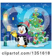 Poster, Art Print Of Cute Christmas Penguin Ringing A Bell By A Tree In A Village At Night