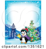 Poster, Art Print Of Border Of A Cute Christmas Penguin Ringing A Bell By A Tree In The Snow