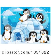 Cute Penguins Playing At An Igloo