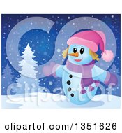 Poster, Art Print Of Cartoon Christmas Snow Woman Welcoming On A Snowy Night