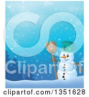 Poster, Art Print Of Cartoon Christmas Snowman Holding A Broom Against A Snowy Landscape