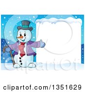Poster, Art Print Of Cartoon Christmas Snowman Presenting A Blank Sign In The Snow