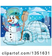 Cartoon Christmas Snowman Holding A Broom By An Igloo