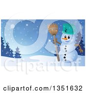 Poster, Art Print Of Cartoon Christmas Snowman Holding A Broom Against A Winter Landscape