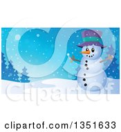 Poster, Art Print Of Cartoon Christmas Snowman With Open Arms Over A Winter Landscape
