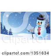 Poster, Art Print Of Cartoon Christmas Snowman Holding A Cane And Waving Over A Winter Landscape
